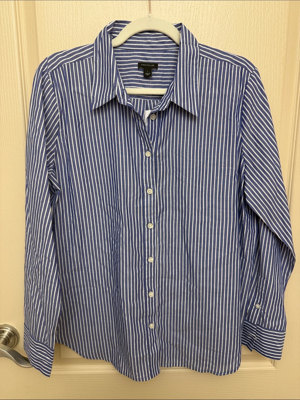 Ann Taylor Blue and White Striped Button-Down Shirt